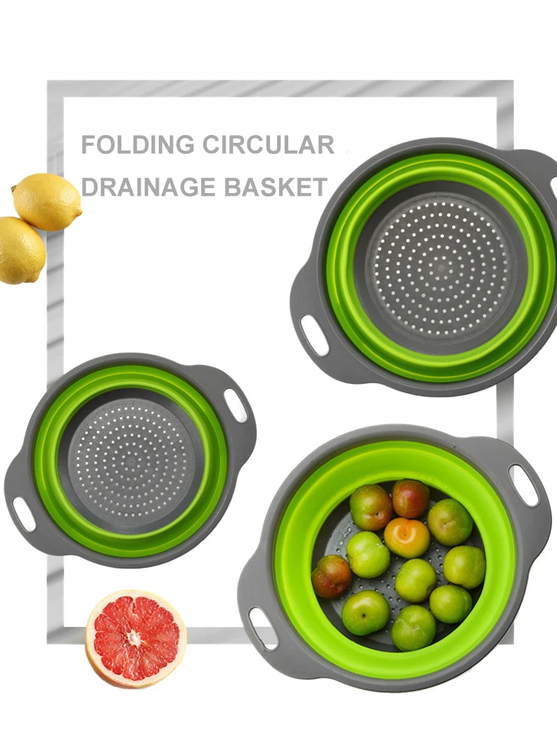 1/2pcs Silicone Round Folding Vegetable Fruits Washing Drain Basket Colander Strainer Collapsible Drainer Kitchen Tool