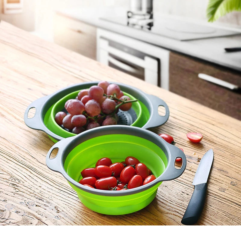 1/2pcs Silicone Round Folding Vegetable Fruits Washing Drain Basket Colander Strainer Collapsible Drainer Kitchen Tool