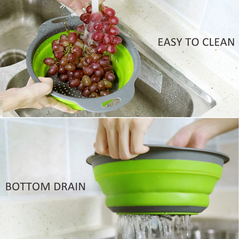 1/2pcs Silicone Round Folding Vegetable Fruits Washing Drain Basket Colander Strainer Collapsible Drainer Kitchen Tool